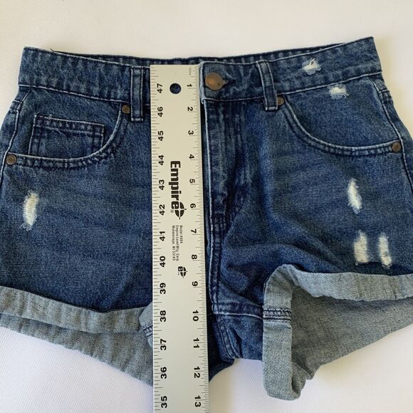 Cotton On Mid Saturday Denim Shorts Women 4 Dark  Roll Cuff Distressed Festival - Picture 7 of 8